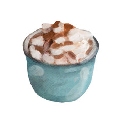 Watercolor illustration of a marshmallow hot chocolate in a blue mug.  Watercolor illustration of a warm chocolate  isolated on white 