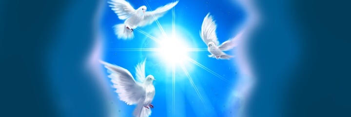 The flying three white doves around shining heaven and the background of the clouds in beautiful blue sky	