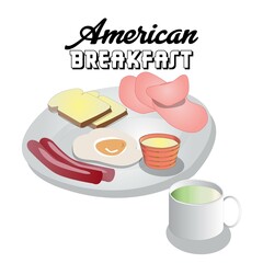 Isometric American Breakfast Vector Illustration. Food Sign, Menu, Poster, sticker and brochure.