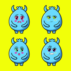 Set Kawaii Blue goblin cartoon monster vector image on yellow background cartoon icon illustration design isolated flat cartoon style