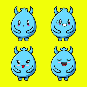 Set Kawaii Blue goblin cartoon monster vector image on yellow background cartoon icon illustration design isolated flat cartoon style
