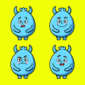Set Kawaii Blue goblin cartoon monster vector image on yellow background cartoon icon illustration design isolated flat cartoon style