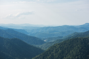 Naklejka premium Beauty day in the mountains in Altay, panoramic picture. Aerial shot on drone
