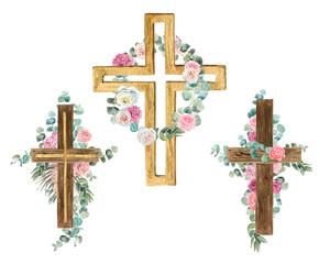 Wooden boho watercolor cross with eucalyptus and tropical flowers on a white background. Set of images for first communion, baptism, easter