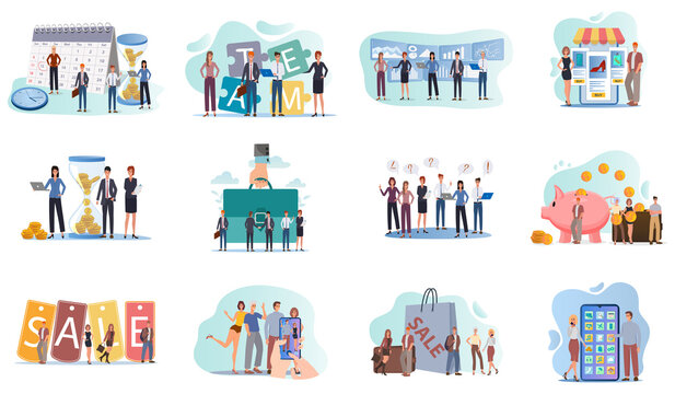 Teamwork,sale,use of gadgets,business meeting,business investment.A set of flat icons vector illustrations on the topic of business and technology.