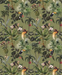 Beautiful seamless tropical floral pattern with hand drawn watercolor exotic jungle palm trees and animals. Toucan monkey and paradise bird. Stock illustration. © zenina