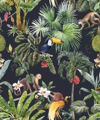 Fotobehang Jungle  kinderkamer Mooie naadloze tropische bloemmotief met hand getrokken aquarel exotische jungle palmbomen en dieren. Toekanaap en paradijsvogel. Voorraad illustratie.
