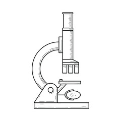 Abstract Hand Drawn Microscope, Research Doodle Concept Vector Design Outline Style On White Background Isolated For Science, Alchemy, Chemistry
