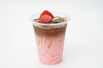 Strawberry Coffee in ice in a plastic glass with a white background