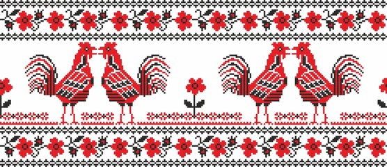 
Vector seamless Ukrainian national pattern. Slavic embroidery with roosters and flowers. Border, border, frame - obrazy, fototapety, plakaty