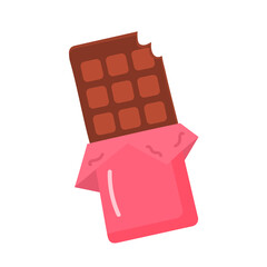 Chocolate bar in opened wrapped bitten with pieces. Vector icon for web design.