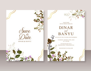 Wedding card invitation with watercolor leaves