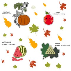 set of autumn stickers vitamins :pumpkin, watermelon, grape, apple. B3 C E B9 A C Mg Fe P Ca.