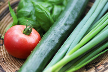 家庭菜園の夏野菜の収穫　トマト、きゅうり、長ネギ、バジル