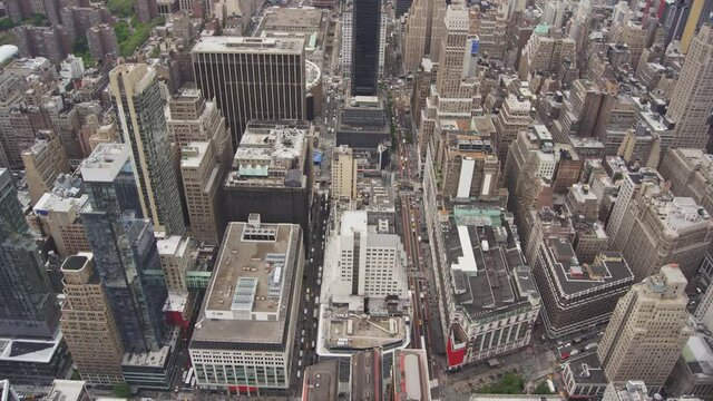 Aerial view time lapse from the top of skyscrapers with street and density of building of Manhattan, New tork