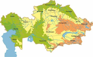 Vector physical map of Kazakhstan. Color map, mountains and plains, rivers and lakes. Major cities, roads and regional boundaries
