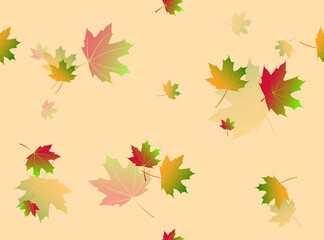 Multicolored autumn maple leaves seamless pattern. Vector drawing for design of textile, fabrics, wallpaper, packaging, decoupage, web sites, others.