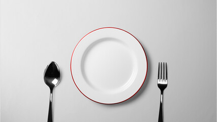 Plate with spoon and fork on white table _isolated background stock photograph with copy space free...