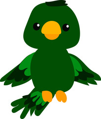 green parrot bird, cute , vector drawing, isolate on white