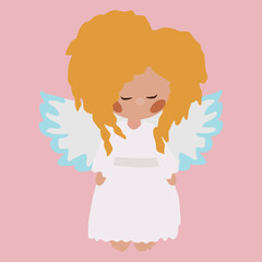 angel with wings and curly hair, vector drawing, isolate on pink background