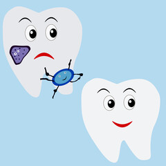 patient's tooth with germs and healthy clean with a smile,vector drawing,isolate on a white background