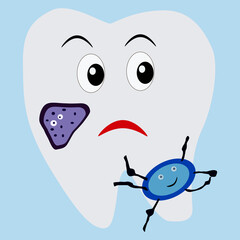 tooth with different bacteria and a sad face, vector drawing, isolate on a white background
