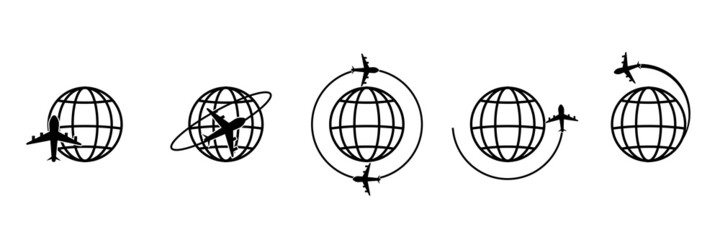 Airplane Travel Flying with Planet Fill Style Icon illustration design