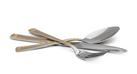 Fork, knife and spoon on white. Stainless steel cutlery.