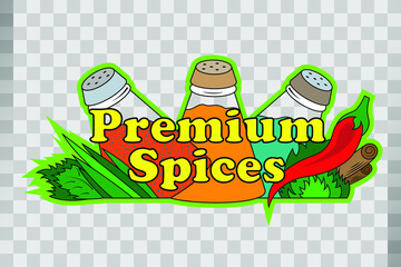 Three salt shakers with spices, pepper, herbs, vector image on a transparent background.