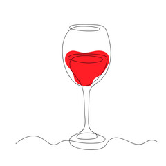 Continuous line art glass of red wine with red shape. Vector illustration in one line style.