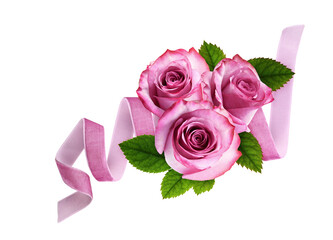 Rose flowers and twisted pink velvet ribbon in a floral arrangement isolated on white