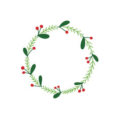 Naklejka premium Holly Christmas wreath hand drawn illustration , Red and green flower decoration circle frame for text