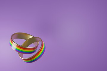 Wedding flying metal rainbow lgbt rings on purple background 3d illustration