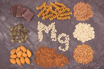 Inscription Mg and nutritious eating containing magnesium. Healthy nutrition as source vitamins, minerals and fiber
