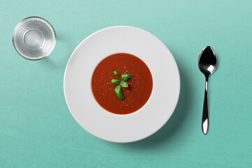 Tomato soup in white plate with spoon and water glass on clean background