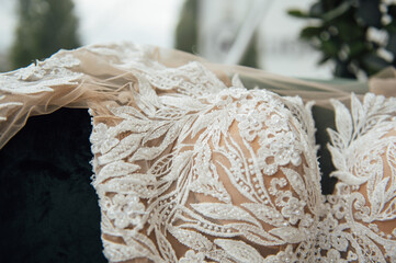 beautiful fashionable stylish expensive luxury wedding dress, closeup details