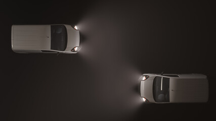 Top View of Two White Mini Vans Moving in Opposite Directions in the Dark 3D Rendering