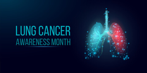 Lung cancer awareness month concept. Banner template with glowing low poly wireframe lungs. Isolated on dark background. Vector illustration.