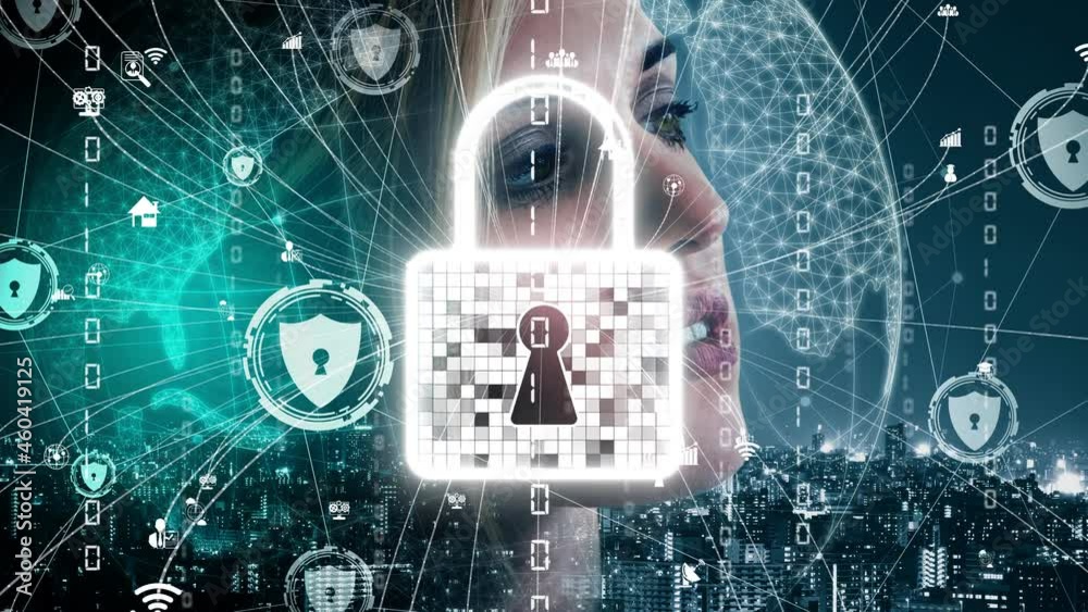 Poster cyber security and digital data protection conceptual . graphic interface showing secure firewall te