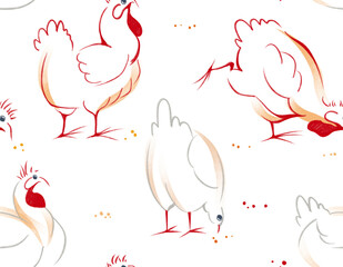 Watercolor hand drawn seamless pattern with illustration of chicken, hen and rooster pecking grains. Elements isolated on white background.