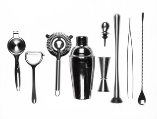 metal bar cocktail accessories isolated on white background