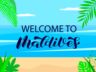 Fototapeta na wymiar Maldives brush lettering on beach background. Greeting card. Tropical islands. Isolated vector stock illustration