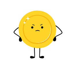 Cute gold coin. Sad money coin character. Sad winner. Vector cartoon illustration isolated on white background.