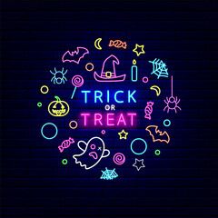 Happy Halloween flyer with circle layout neon sign. Trick or treat. Night bright design. Isolated vector illustration