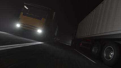 Low Angle View of Two Container Trucks Moving in Opposite Directions on the Road at Night 3D Rendering