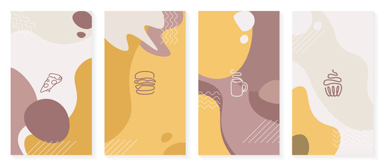 Vector set of abstract creative background drink, dessert and fast food icon