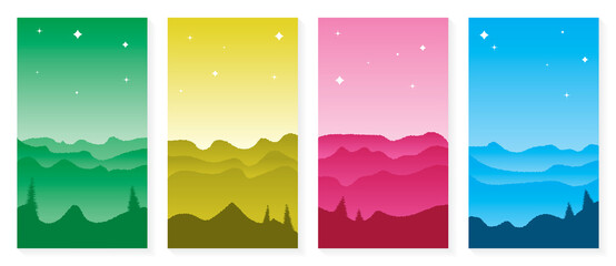 Vector set of four mountain views with stars above and tree silhouettes