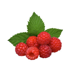 a group of ripe sweet raspberries with green leaves at the back on a white isolated background close-up.