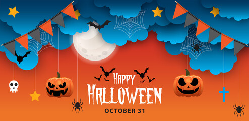 Halloween sale facebook cover page timeline, web ad banner template with pumpkins, bats and cloud on orange background | Modern layout concept design