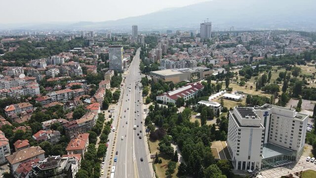 Amazing Aerial view of city of Sofia near National Palace of Culture, Bulgaria